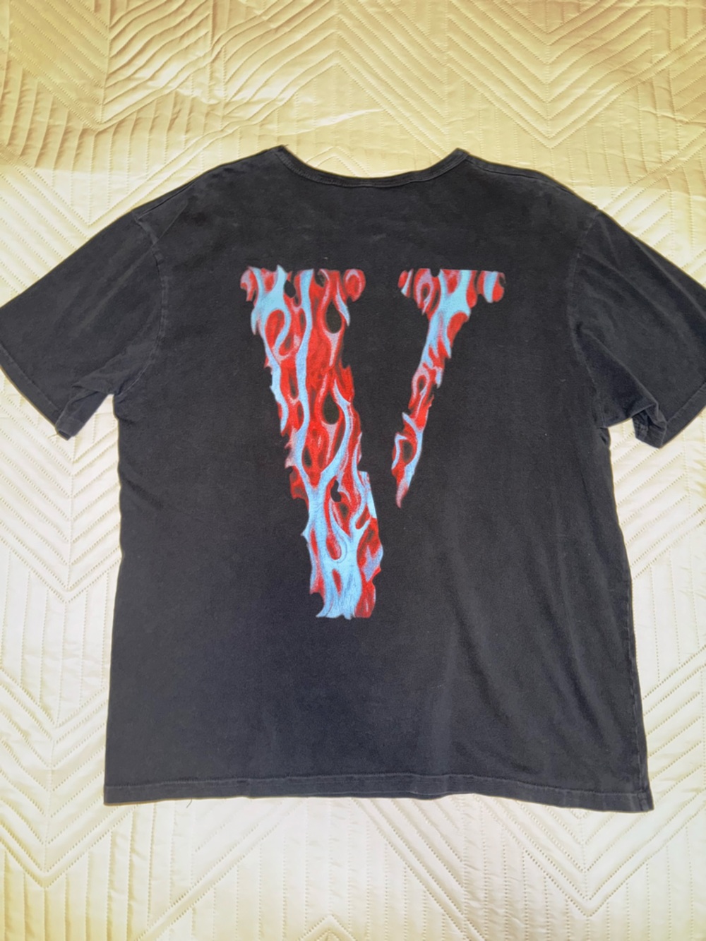 VLONE Black T-Shirt with Red & Light Blue Flame V Graphic